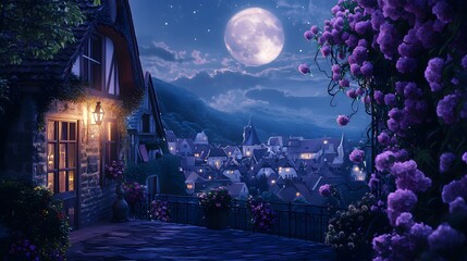 Obraz premium A serene nighttime scene of a village under a full moon, with purple flowers in bloom.