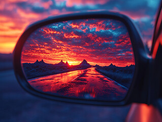 Fototapeta premium a car side mirror reflecting a stunning sunset with vibrant red and orange colors, along with a striking view of rugged, snow-capped mountains. The mirror is slightly wet