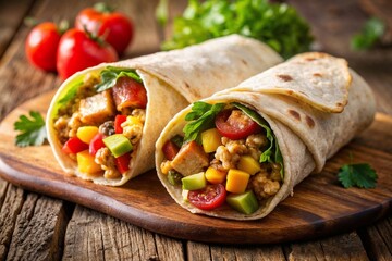 Two flavorful chicken burritos filled with colorful vegetables and fresh greens, served on a rustic wooden board 