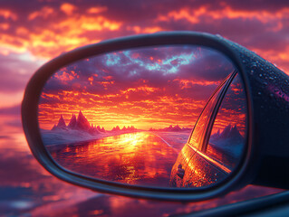 a car side mirror reflecting a stunning sunset with vibrant red and orange colors, along with a striking view of rugged, snow-capped mountains. The mirror is slightly wet
