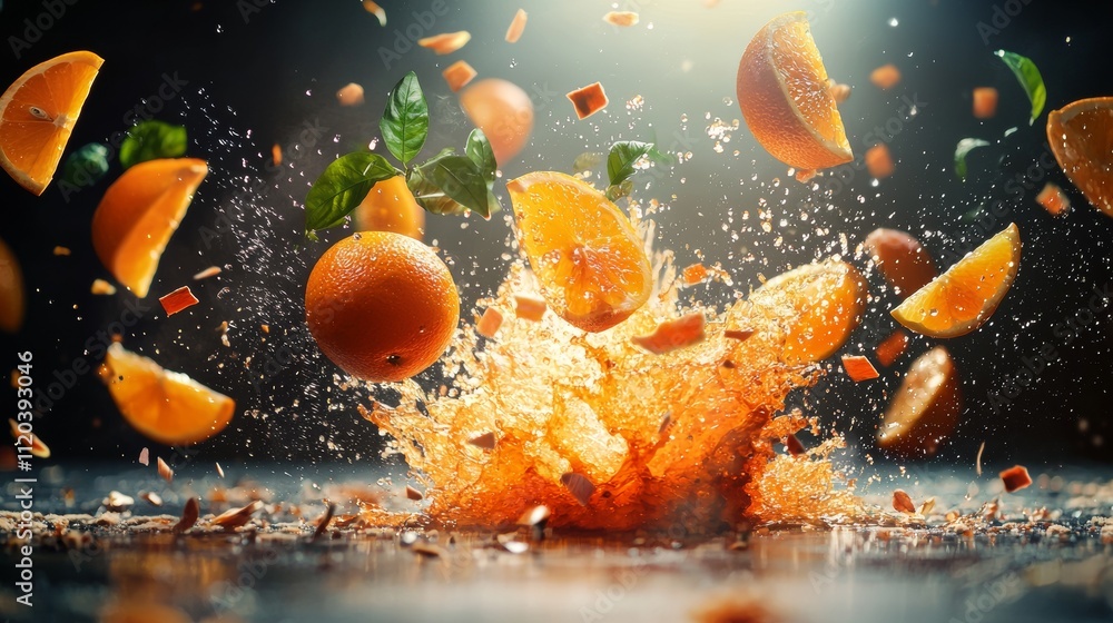 Poster oranges exploding into juice splash with dramatic lighting