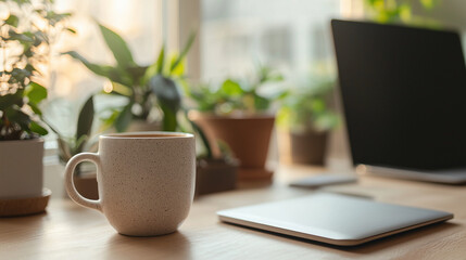 Cozy Home Office with Plants and Coffee for Remote Work