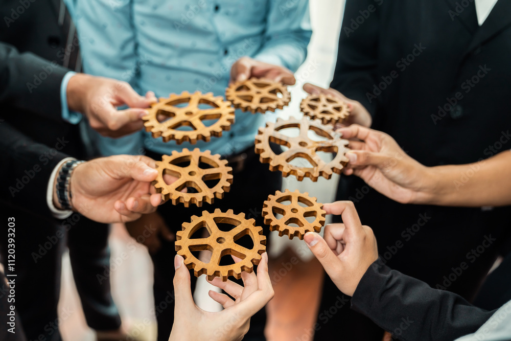 Poster group of multiracial business people joining gear wheels together as effective unity and productive 