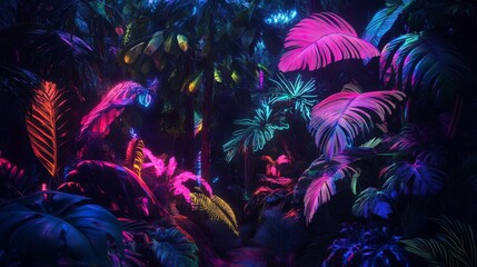Vibrant neon-lit tropical leaves at night.