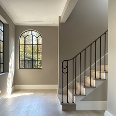 Elegant Staircase and Large Arched Window