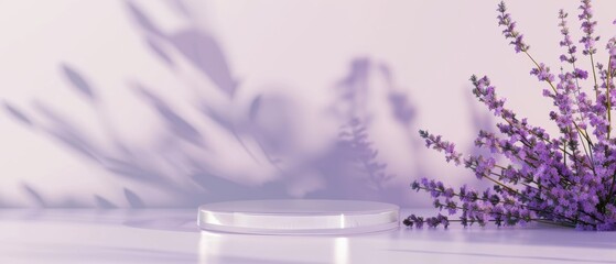 Transparent glass podium with soft lavender shadows and delicate purple florals. Minimalist design perfect for beauty, lifestyle, or branding displays