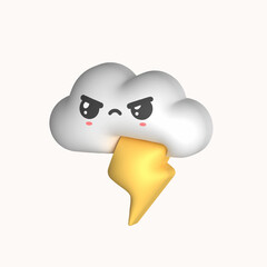 Angry Cloud with lightning. Kawaii weather icon with face expression. Colorful funny character. Plasticine, clay cartoon 3D style. Hand drawn modern Vector illustration. Isolated design element