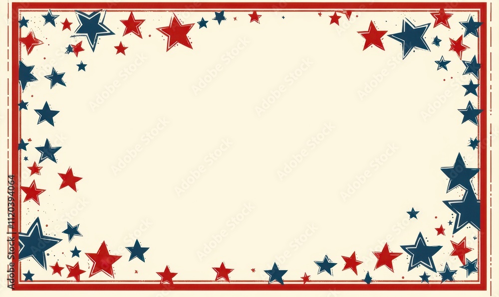 Poster a red, white, and blue border with stars on the left side of an empty card for text in an american p