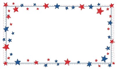 Fototapeta premium A blank rectangular frame with a border of red, white, and blue stars for a USA theme The background is pure white template, card, invitation, banner, or poster Generative AI
