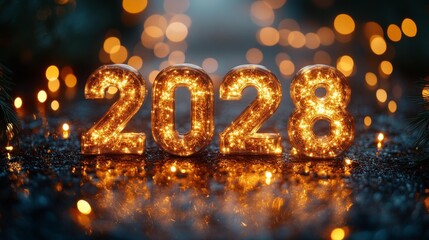 2028 Number in Golden Dust with New Year Lights. Generative AI