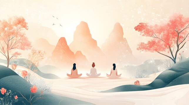 Meditative figure in serene mountainous landscape with soft pastel color and blooming tree representing tranquility and inner peace