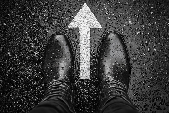 Shiny Black Boots Facing an Arrow on Wet Pavement, Symbolizing Direction  
