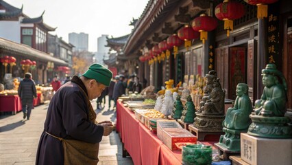A traditional street market lined with vendors one of which is selling ornate zodiac figurines made of jade and porcelain. The figurines gleam in the sunlight showcasing incredible
