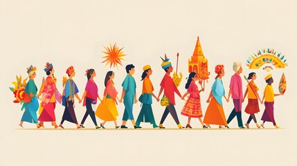 Colorful group procession holding traditional cultural symbol under bright sun celebrating cultural unity and tradition