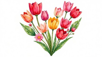 Fototapeta premium An illustration of a heart composed of various flowers peonies, tulip and roses and green leaves. Bright, elegant design,card, poster, wallpaper,valentine's day, love