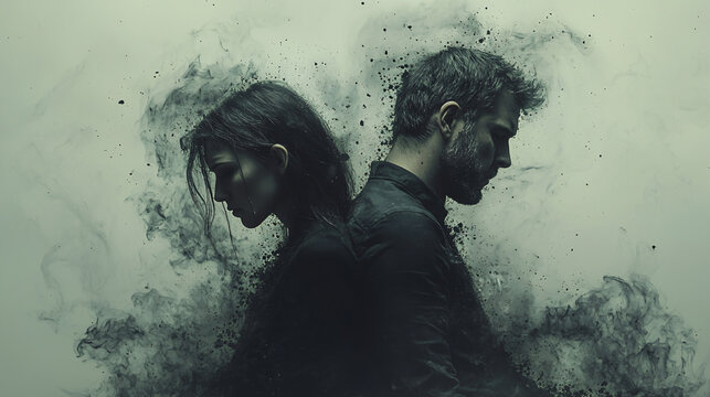 Silhouetted couple facing opposite directions dissolving into smoky artistic textures.
