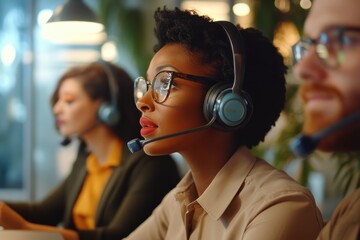 Call center employees engaged in customer service duties at a modern workspace during the day