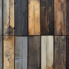 Wooden plank arrangement displaying unique textures and colors indoor art installation modern design close-up view aesthetic appeal