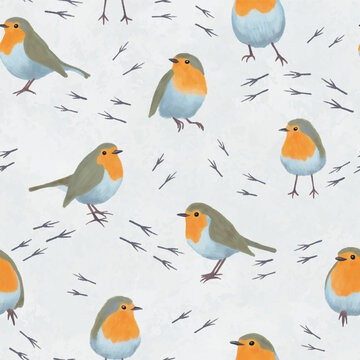 Vector Winter Robins in Snow background pattern print. Ideal for seasonal gifts and decorations. Perfect for fabric, wallpaper, wrapping, scrapbooking and stationery. Surface pattern design.