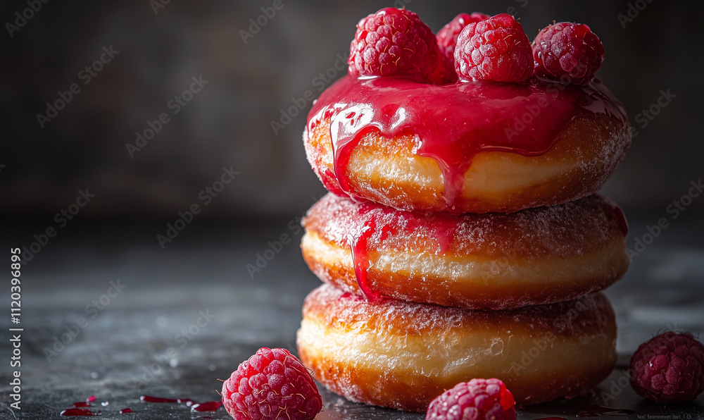Poster a stack of glazed donuts topped with raspberry sauce and fresh raspberries, creating a tempting dess
