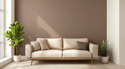 Minimalist interior with beige sofa and plants, sunlight shadow