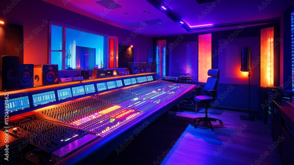 Poster dynamic music production session in a modern studio capturing the art of sound engineering nighttime