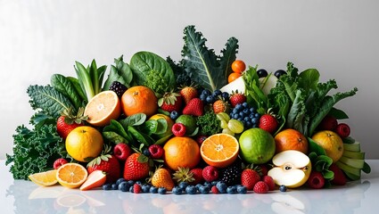 Healthy food background. Collection with different fruits, berries and vegetables