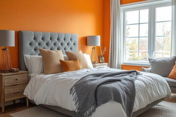 Cozy bedroom design with orange accent walls home interior modern style comfortable atmosphere warm colors inviting space