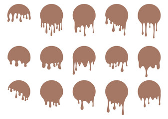 Set of drip circle labels. Paint drip stickers. Brown paint liquid. Brown inkblot. Mocha Mousse