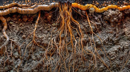 a cross-section of an underground tunnel wall made of dirt with roots visible, photorealistic with...