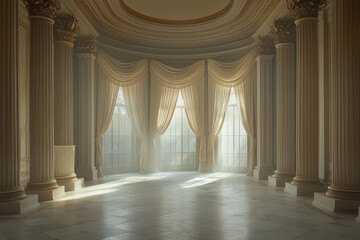 Architectural Photography of an Elegant Baroque Room with Flowing Drapes, Columns, Misty Atmosphere Photo Overlay

