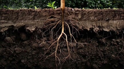 a cross-section of an underground tunnel wall made of dirt with roots visible, photorealistic with...