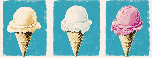 Wide panoramic Vintage style cover illustration background with colorful flavoured ice cream cones in blue colour background  