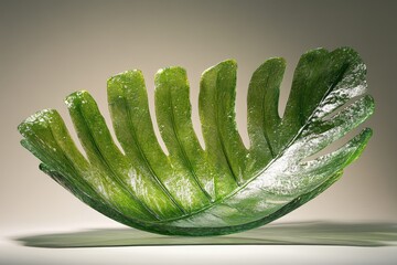 A glass sculpture of a large, vibrant green leaf, meticulously crafted with detailed veins.