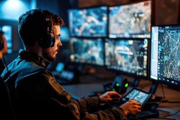 Operator monitors multiple screens in a high-tech control room during a nighttime operation