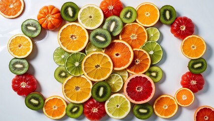 Healthy food. mix sliced lemon, green lime, orange, mandarin, kiwi fruit and grapefruit isolated on white background. top view