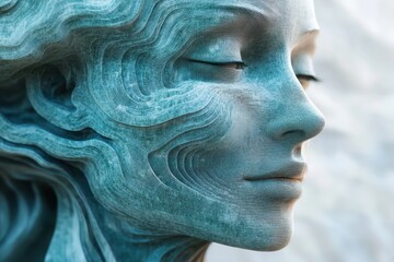 A serene, stylized sculpture of a woman's face with flowing, wave-like patterns.