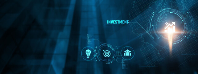 Fototapeta premium Investment Concept: Strategies, risk assessment, portfolio diversification, market analysis, returns, financial planning on virtual interface.