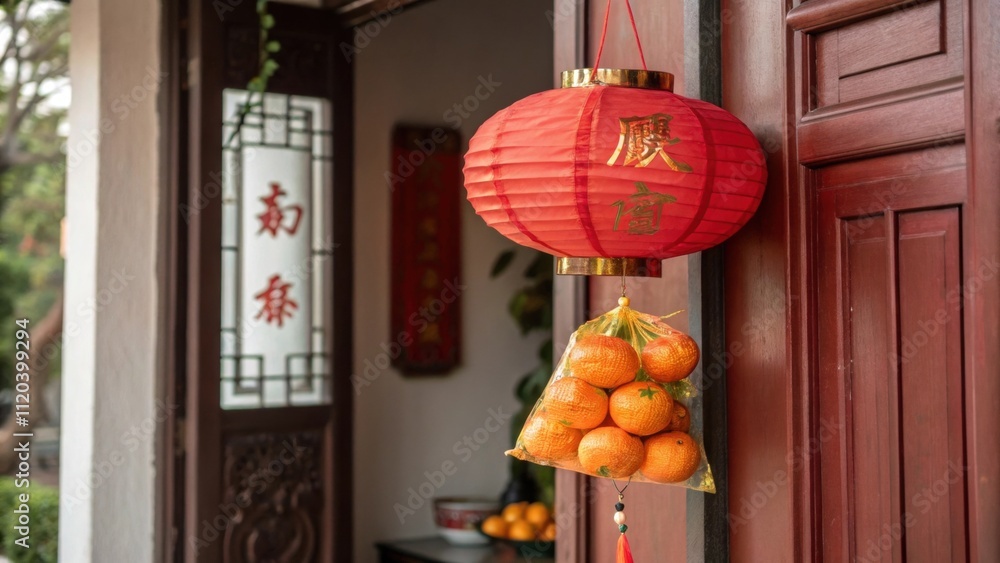 Poster a handpainted lantern made of red paper hangs in a doorway with a small stringtied bag of mandarin o