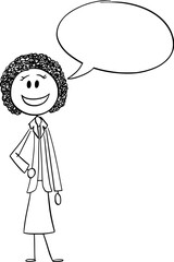 Smiling black woman or African ethnicity businesswoman speaking, vector cartoon stick figure or character illustration.