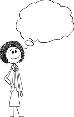 Smiling black woman or African ethnicity businesswoman thinking, vector cartoon stick figure or character illustration.