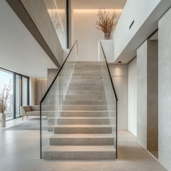 stairs and glass railings in Spacious, Well-lit Room the stairs are in the center