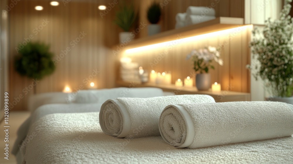 Poster soft lighting highlights rolled towels on massage tables in a serene spa environment. the calming at