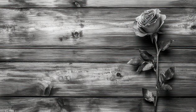 Single rose on rustic wooden background in a black-and-white theme