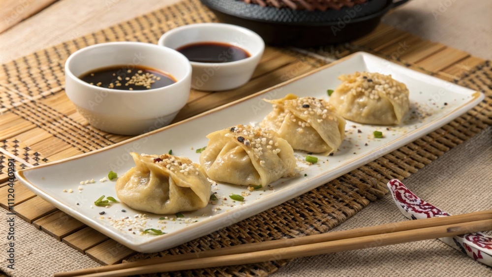 Poster a rectangular plate laid out on a traditional woven table mat displays several dumplings that mirror