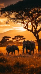 Majestic elephants at sunset in an African savanna landscape