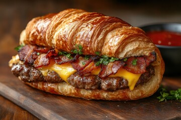 Croissant burger delight gourmet kitchen food photography rustic environment close-up view culinary concept for food lovers