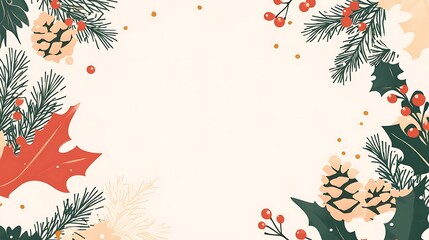 Christmas greeting card featuring a frame border with Noel elements, snow, and pine cones, in a minimal flat design.