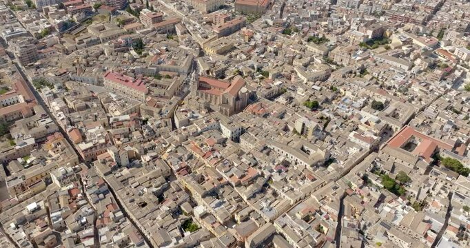Aerial view of the historic center of Lucera, in the province of Foggia, Puglia, Italy. In the center of the town is the cathedral.