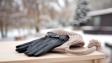winter gloves and knitted winter hat lie on blurred winter background.